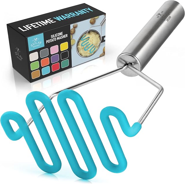 Zulay Kitchen Non-Scratch Potato Masher Kitchen Tool - Durable Stainless Steel Wrapped In Premium Silicone Mashed Potatoes Masher - Versatile Masher Hand Tool & Potato Smasher (Blue)