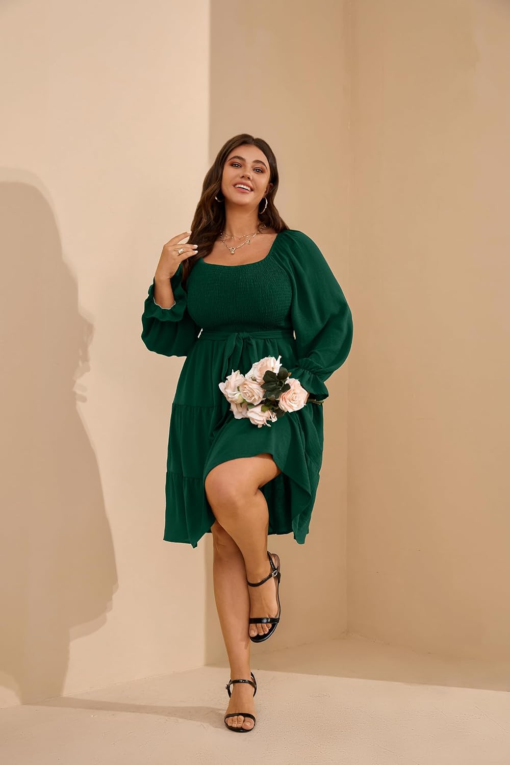 RWJ Womens Plus Size Fall Dress Long Sleeve Smocked Square Neck A-Line Wedding Guest Party Mini Dresses with Belt - Image 8