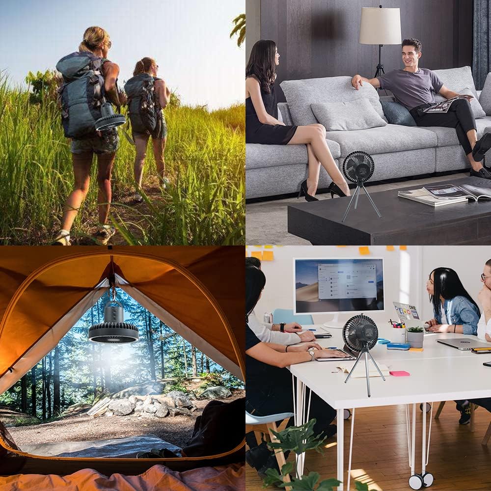 10000mAh Rechargeable Battery Operated Fan, Camping Fan with LED Light, Battery Powered Desk Fan Small Table Fan with Tripod for Bedroom Home Camping Tent Office, Grey