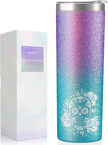 Onebttl Regalos de calavera de azúcar para mujer, Día de los Muertos, vaso de viaje delgado de 20 onzas con tapa, cepillo y pajilla, regalos