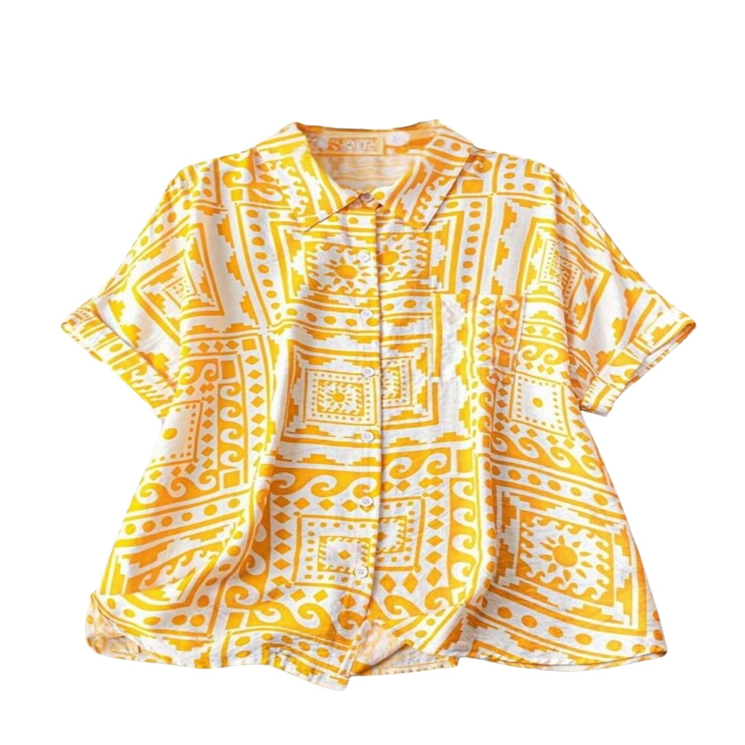 Gufrina Women’s Polyester Shirt with Pocket Half Raglan Sleeves Spread Collar Neck Geometric Printed Relaxed Fit and Standard Length