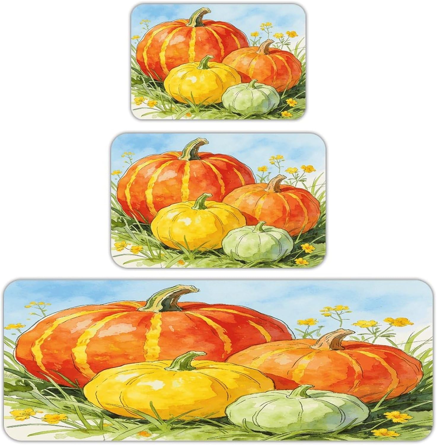 Fall Pumpkin Kitchen Rugs Sets of 3 Non Slip Kitchen Mat for Floor Comfort Standing Rug and Mats Thick Cushioned Long Area Carpets for Laundry Room Entryway