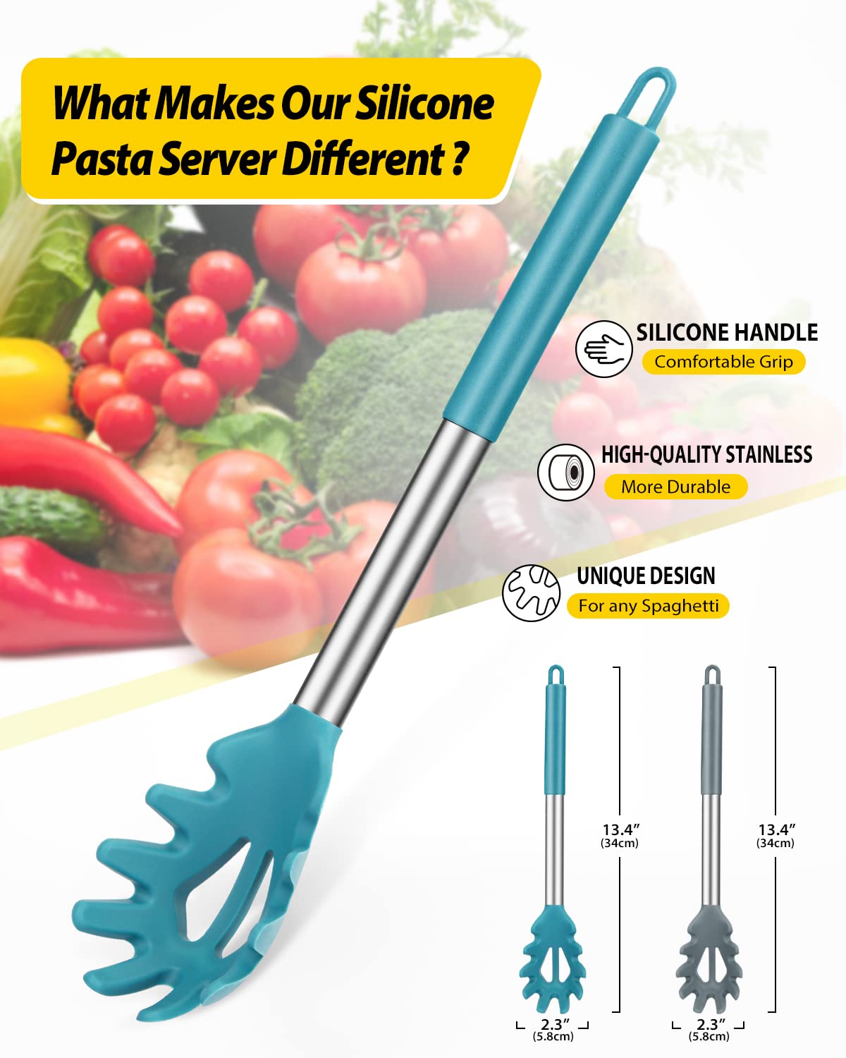 Confezione da 2 forchette per pasta in silicone, resistenti al calore, senza BPA, ottimi strumenti di cottura (grigio-blu)
