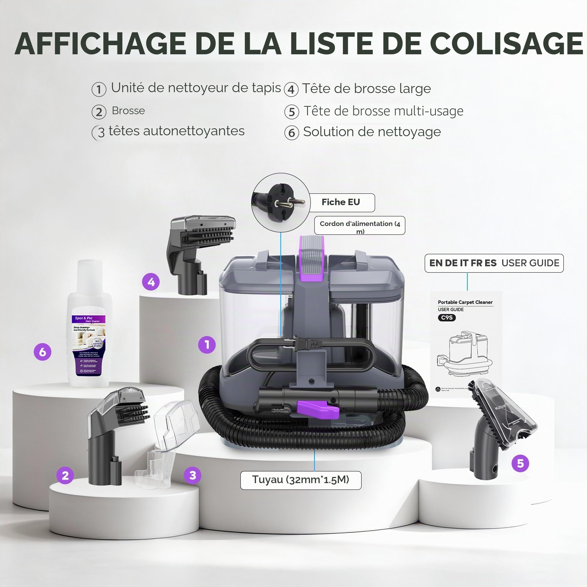 Shampouineuse 450W 13kPa, Nettoyeur Canapé Tissu et Tapis, Aspirateur Laveur pour Canapé, Voiture et Matelas, avec 3 Brosses et Double Réservoir Autonettoyant, Portable Léger 2,6kg
