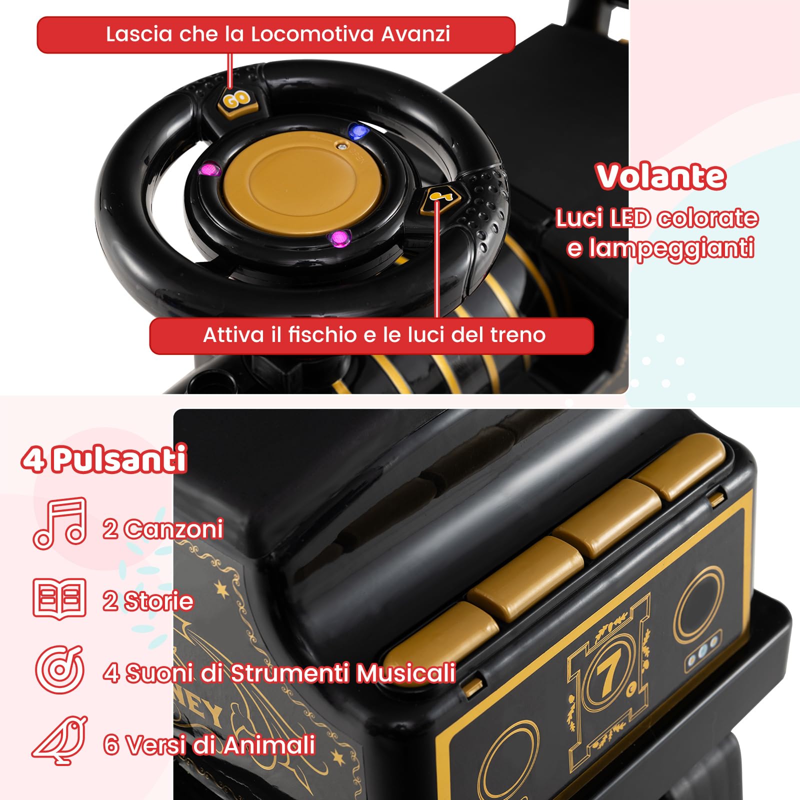 COSTWAY Trenino Elettrico con Vagone, 6V Giocattolo Elettrico a Batteria con Contenitore, Poggiapiedi Estraibili, Musica e Luci LED, Auto Elettrica per Bambini 18+ Mesi