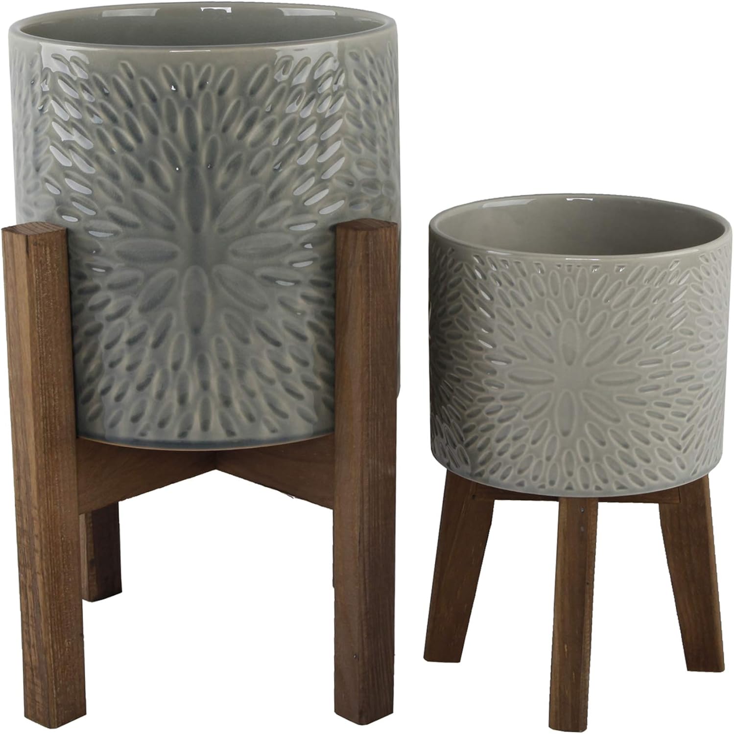Flora Bunda Mid Century 2pcs 10 inch & 8 inch Sunburst Ceramic Planter on Wood Stand,Set of 2
