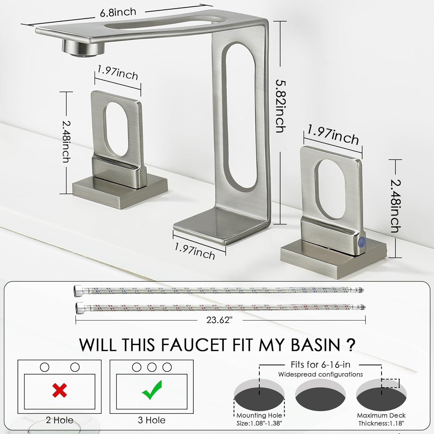 Bathroom Sink Faucet 3 Hole, BAKALA 8-inch Brushed Nickel Widespread Faucet, 2 Handle Modern Vanity Bathroom Faucets with Water Supply Hoses, Hollowed Design