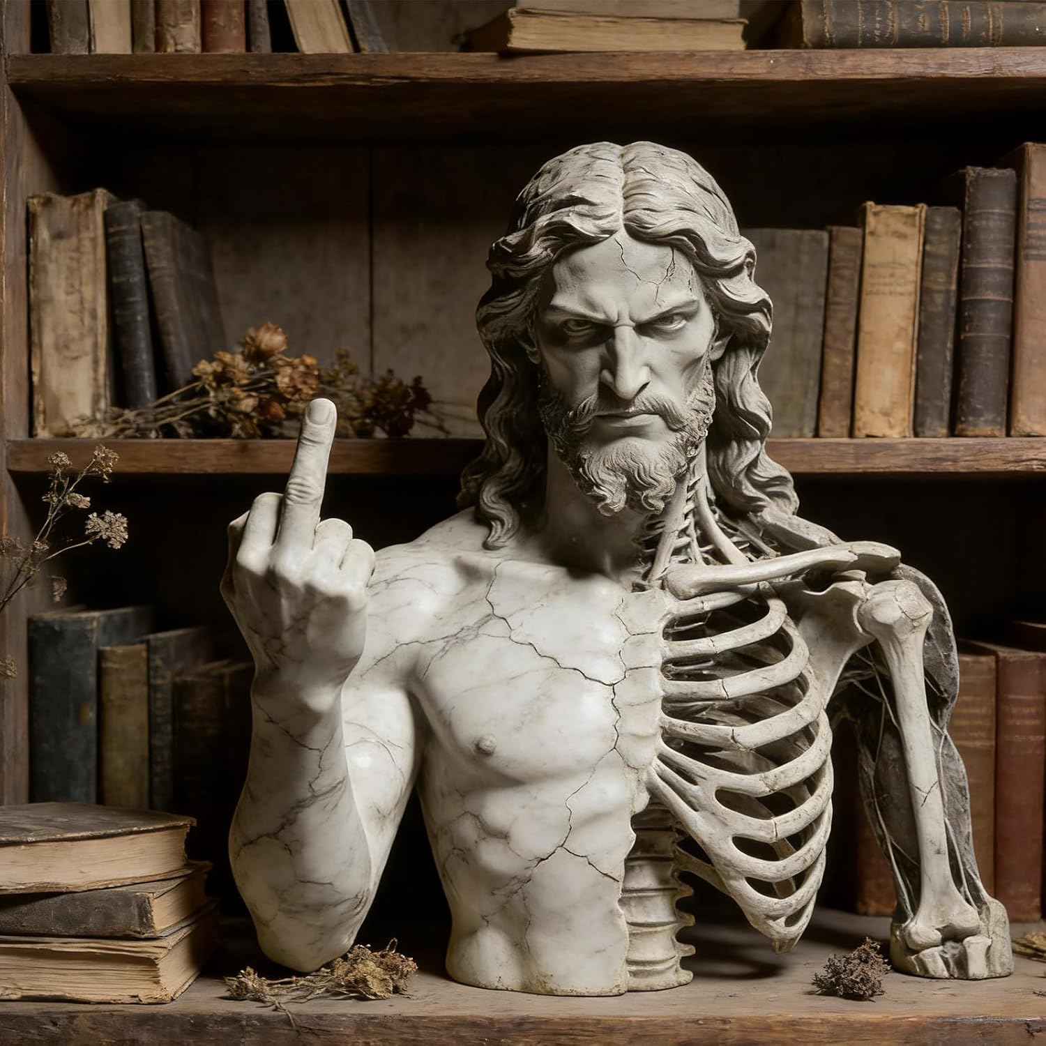 Modern Rebellion Sculpture in Marble Style,Half Skeleton Half Human Bust Statue Contemporary Dark Humor Home Office Art Figurine Sculpture Gift for Art Lovers