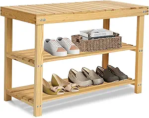 ECOMEX Shoe Rack Bench for Entryway, 3-Tier Bamboo Shoe Rack Bench Shoe Organizer Bench Entryway Shoe Rack Bench for Bedroom Balcony Entryway Entrance, Natural Color(27.5''L)