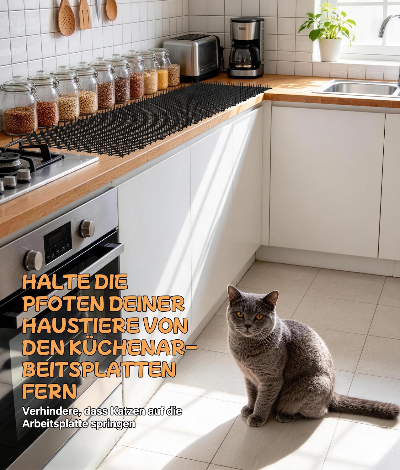 WADEO 4-er Pack Dornengitter gegen Katzen 200 x 30 cm, Katzenabwehr Gitter Set, Tier-Barriere Katzenschreck, Anti-Katzen-Matte mit Spikes für Innen- und Außengärten, mit 32 Gartenheftklammern