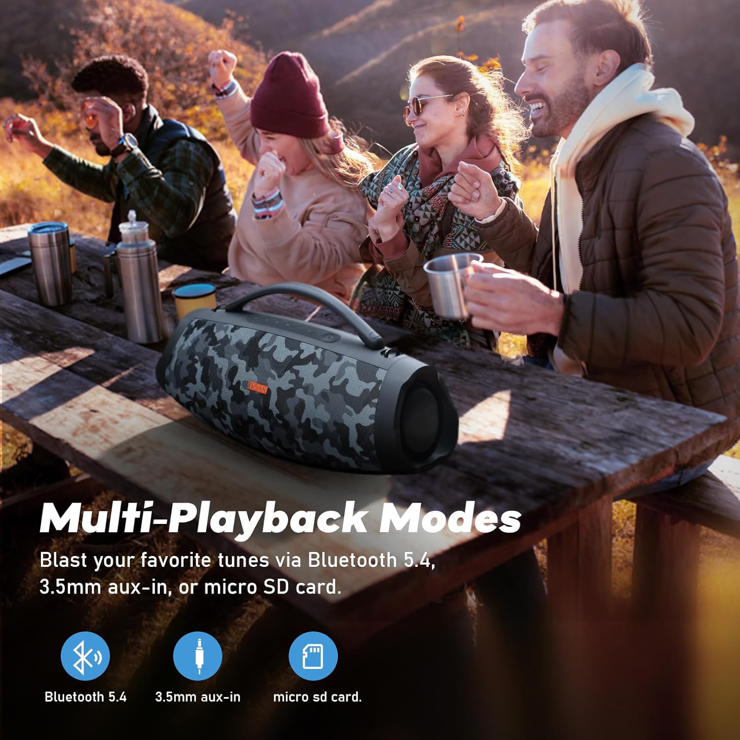 DOSS Extreme Boom Pro D200 240W Peak Outdoor Speaker, Punchy Bass, 26H Playtime, Beat-Synced Light, BT5.4, Stereo Pairing, IPX6 Waterproof for Camping, Beach, Tailgate Party-Camo Black - Image 8