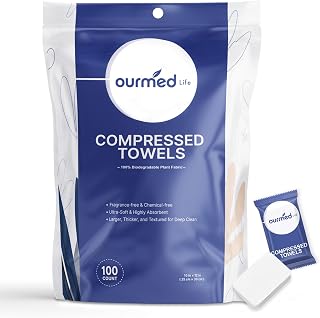 Ourmed Life Compressed Towel Tablets, Individually Wrapped Disposable Face Towels, Quick-Expand with Water, Soft & Lint-Free, 12"x10" Travel Washcloths for Camping,Hiking & Backpacking (100 Count)