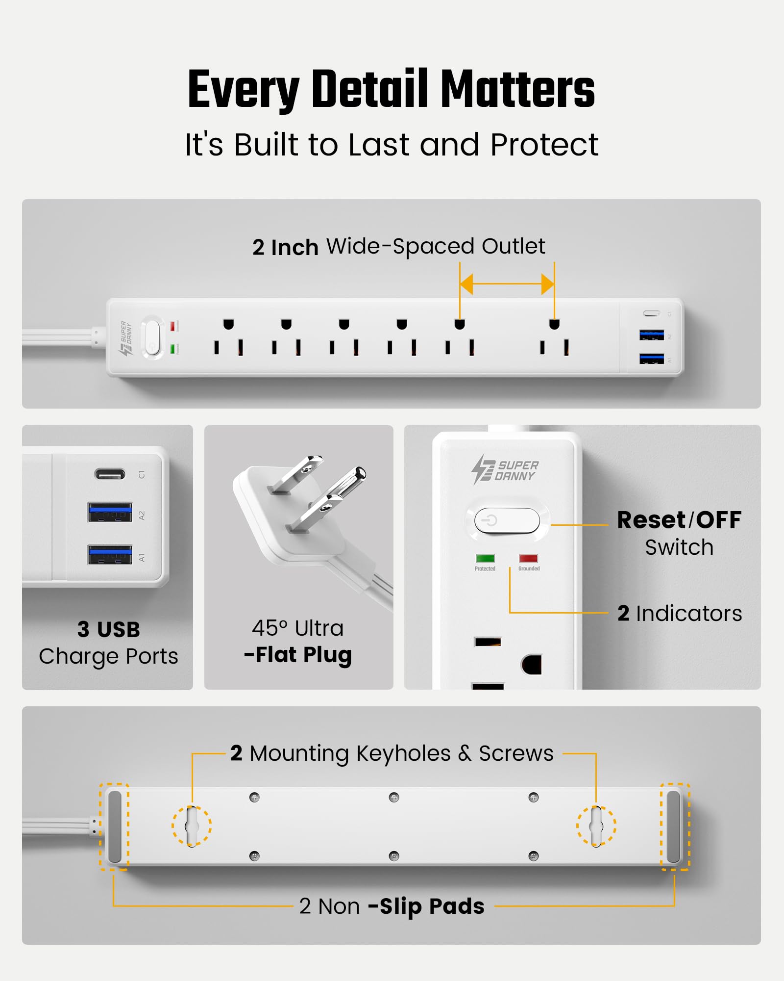 2 multiprises avec protection contre les surtensions, câble d'extension ultra fin de 1,8 m avec 3 USB, base de chargement (6 prises), rallonge de prise