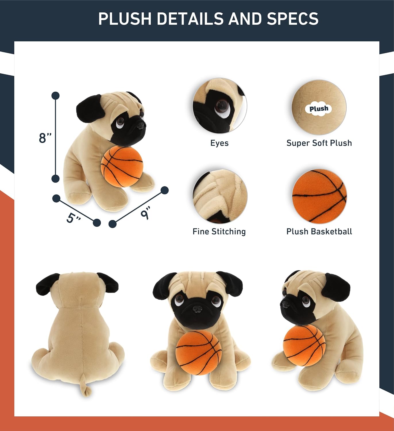 DolliBu Pug Dog Stuffed Animal with Basketball Plush - Soft Huggable Pug Dog, Adorable Plush Toy, Personalized Plush Doll Animal Toy for Kids and Adults - 8 Inch