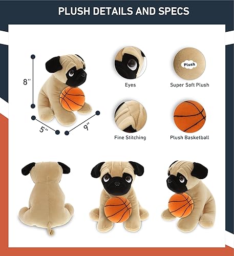 Miniatura 3 de DolliBu Peluche de perro Pug con felpa de baloncesto, perro carlino suave y abrazable, adorable juguete de peluche, juguete de peluche personalizado