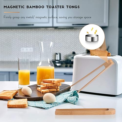 Miniatura 5 de Patelai 2 pinzas para tostadoras de madera de 8.7 pulgadas con imán magnético de bambú tostada de madera de bambú natural, accesorios de utensilios
