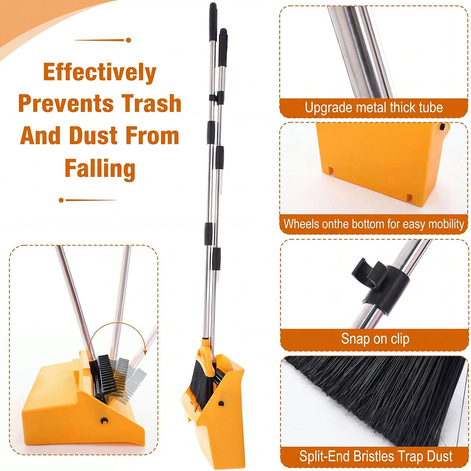 4 Pcs Broom and Dustpan Set with Comb, Collapsible Standing, Yellow