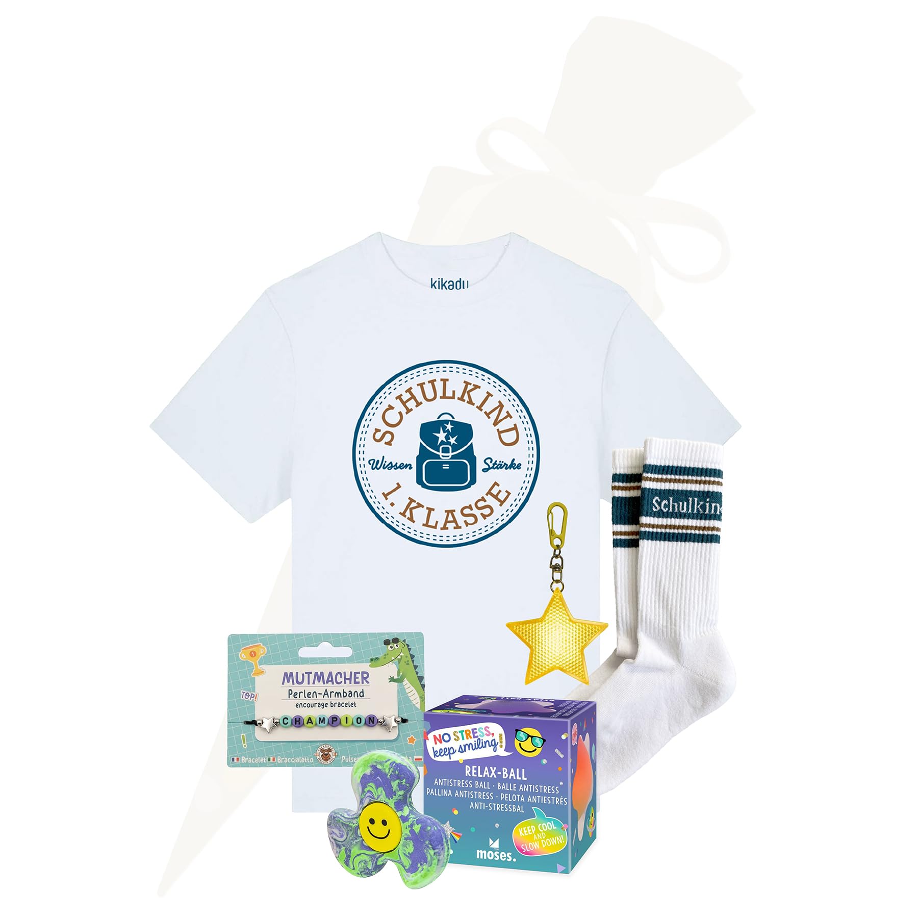 kikadu Geschenk zur Einschulung Jungen, 6-teiliges Schultüten-Set Petrol mit T-Shirt Gr. 116/128, Socken 27/30, Wirbelradierer, Leuchtstern, Relaxball, Armband, Schulanfang Geschenk Schulkind