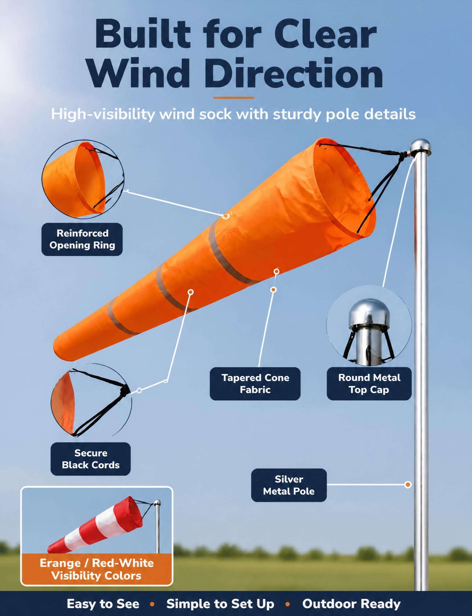 Outdoor Windsack und Stange Set, Reflektierend Gestreift Windrichtungsanzeiger für Wetterbeobachtung, Landwirtschaft, Meteorologie (150cm)