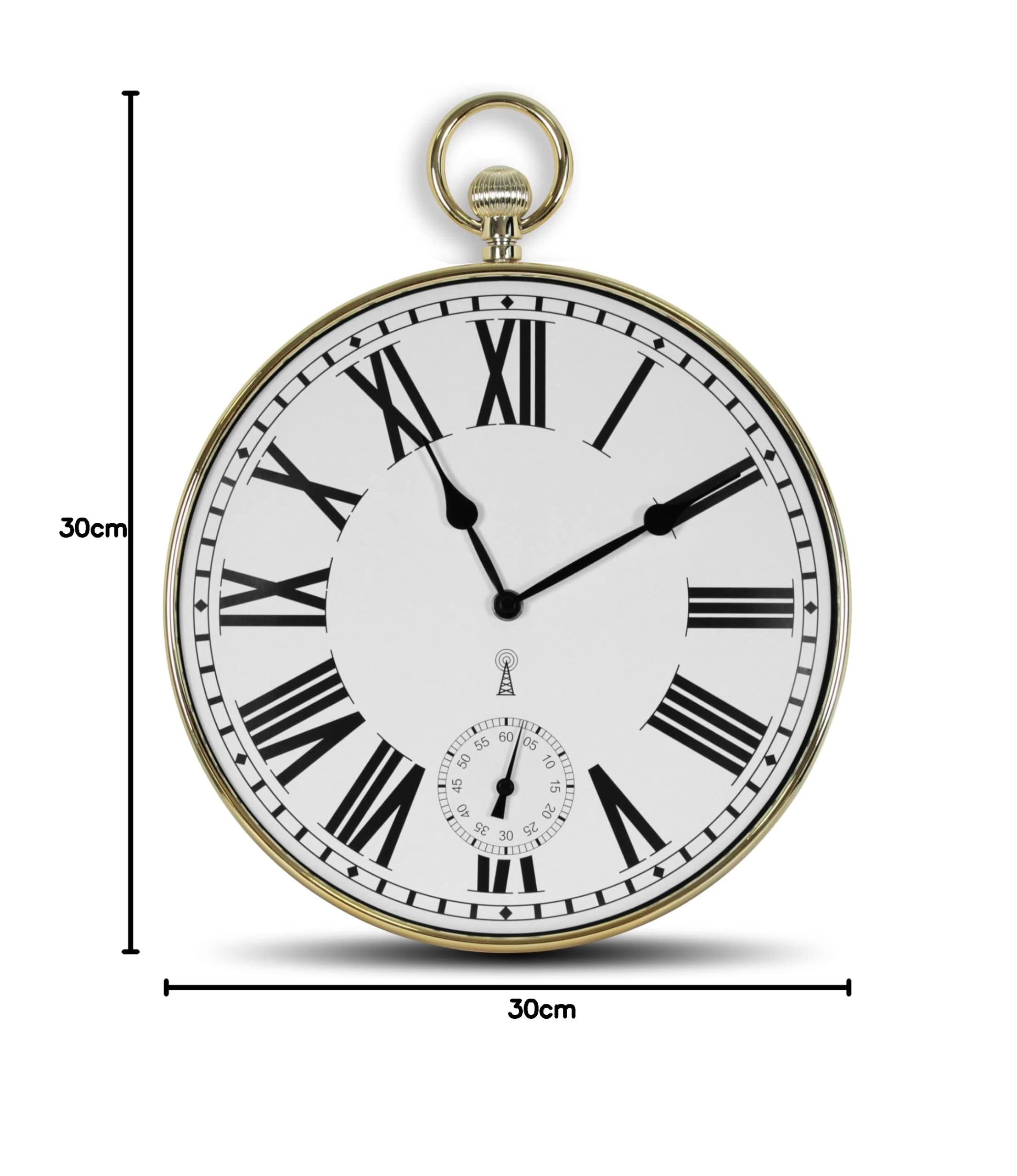 Design Wanduhr - Style Taschenuhr Vintage - Große römische Zahlen - Leicht lesbar - Funkgesteuert - Ø 30 cm - Für Küche, Wohnzimmer, Schlafzimmer - Vergoldet