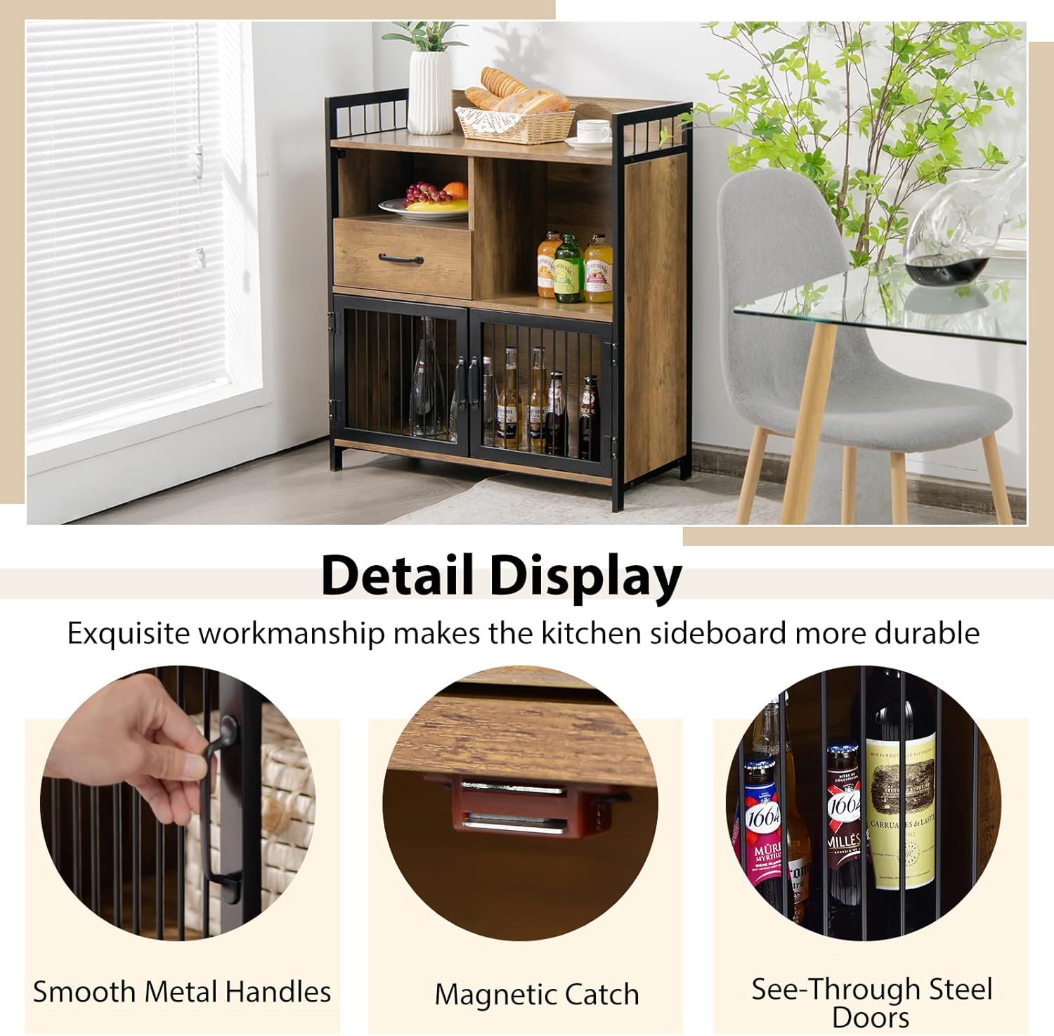 Giantex Buffet Cabinet with Storage, Kitchen Sideboard, 2 Door Storage Cabinet with Drawer, Wood Shelves Metal Frame, Industrial Cupboard Utensil Tableware Organizer