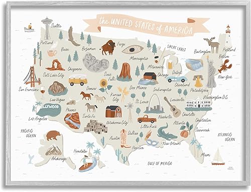 Stupell Industries Mapa ilustrado de Estados Unidos de América marrón suave, diseñado por Laura Marshall - Arte de pared enmarcado gris, 20 x 16,