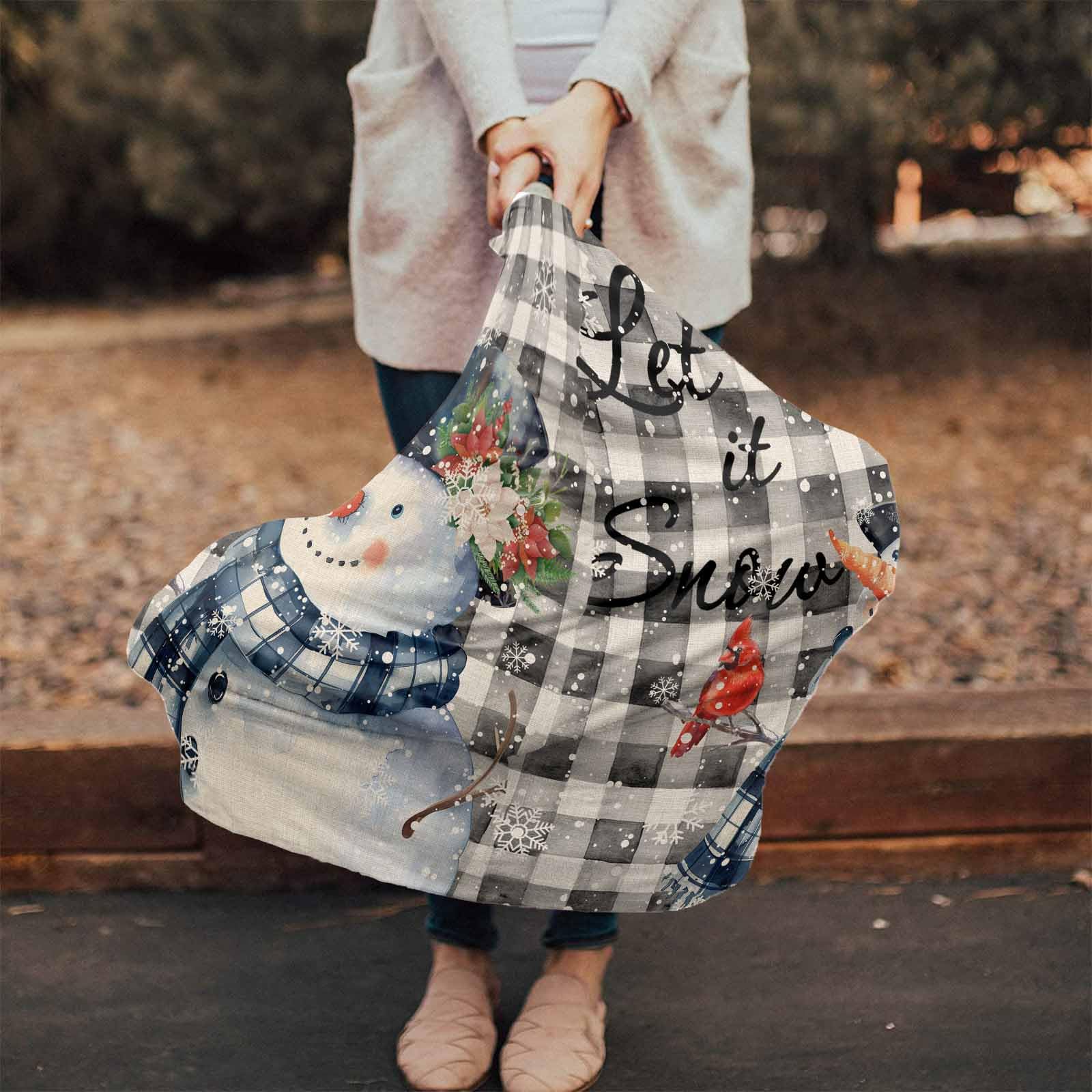 Nursing Cover for Breastfeeding Scarf, Retro Gray Plaid Smiling Snowman Snow Winter Baby Car Covers Super Soft Multi Use for Canopy Shopping Cart Cover Blanket Stroller Cover