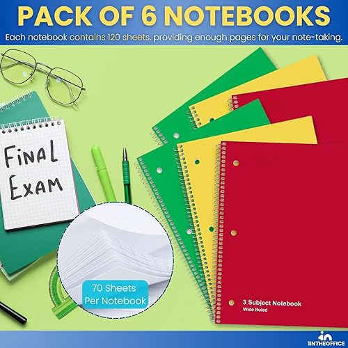 Miniatura 9 de 1InTheOffice Cuaderno de espiral de rayas anchas, 1 materia, 8 x 10.5 pulgadas, 3 agujeros perforados, 70 hojas, colores surtidos, cuadernos