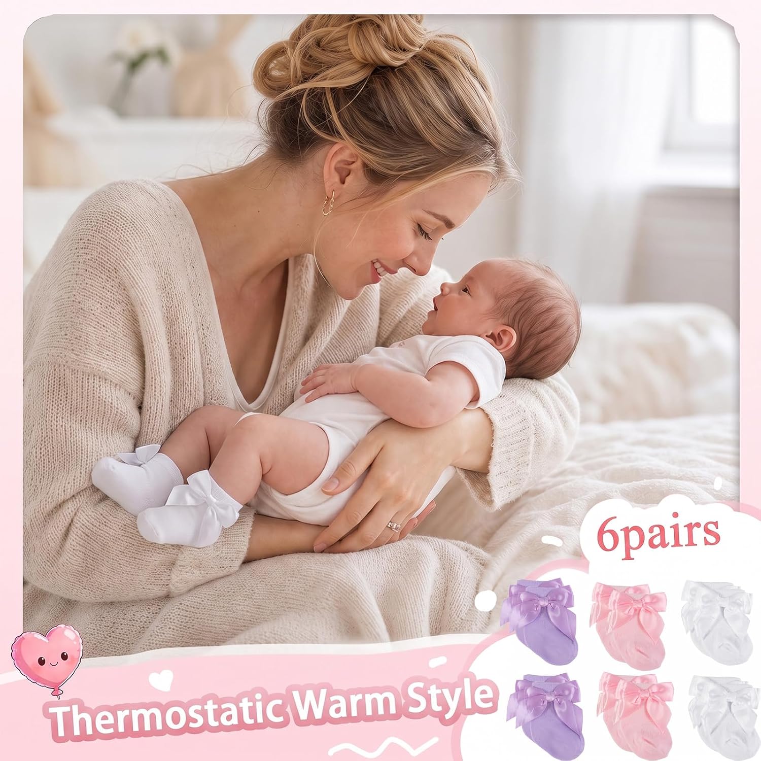 6 Pairs Newborn Girl Socks with Bow,Tiny Newborn Gentle Fit Ankle Socks image 5
