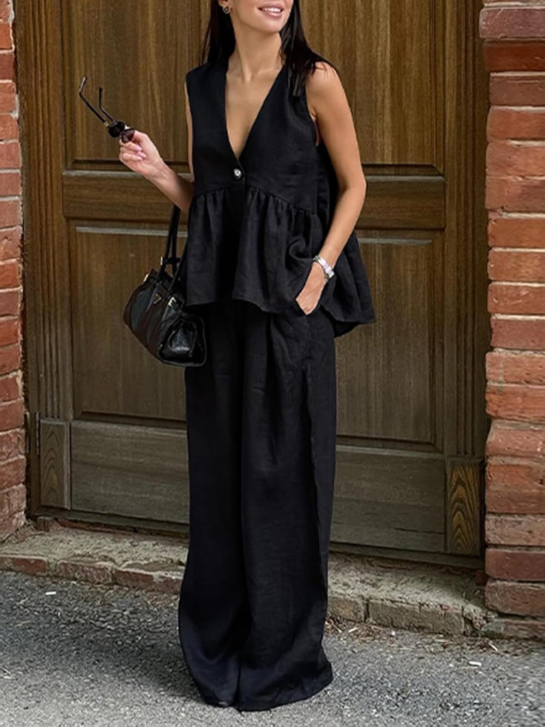 Womens Two Piece Set Sleeveless V Neck Peplum Vest Wide Leg Pant Suits Dressy Casual Summer Vacation Outfits - Image 5