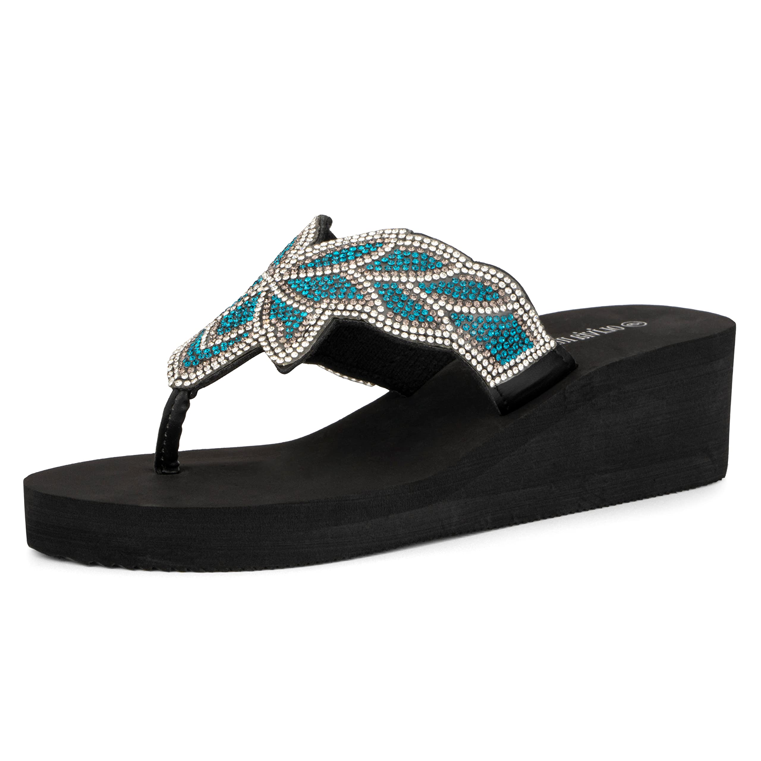 Olivia Miller Women’s Fashion Ladies Shoes, Gold Coast PU Vegan Leather Bling Floral Jewel Rhinestones Flip Flops T-Strap Thong Style Slip On Casual Dressy Summer Beach 2 Inch EVA Platform Wedge Slide Sandals