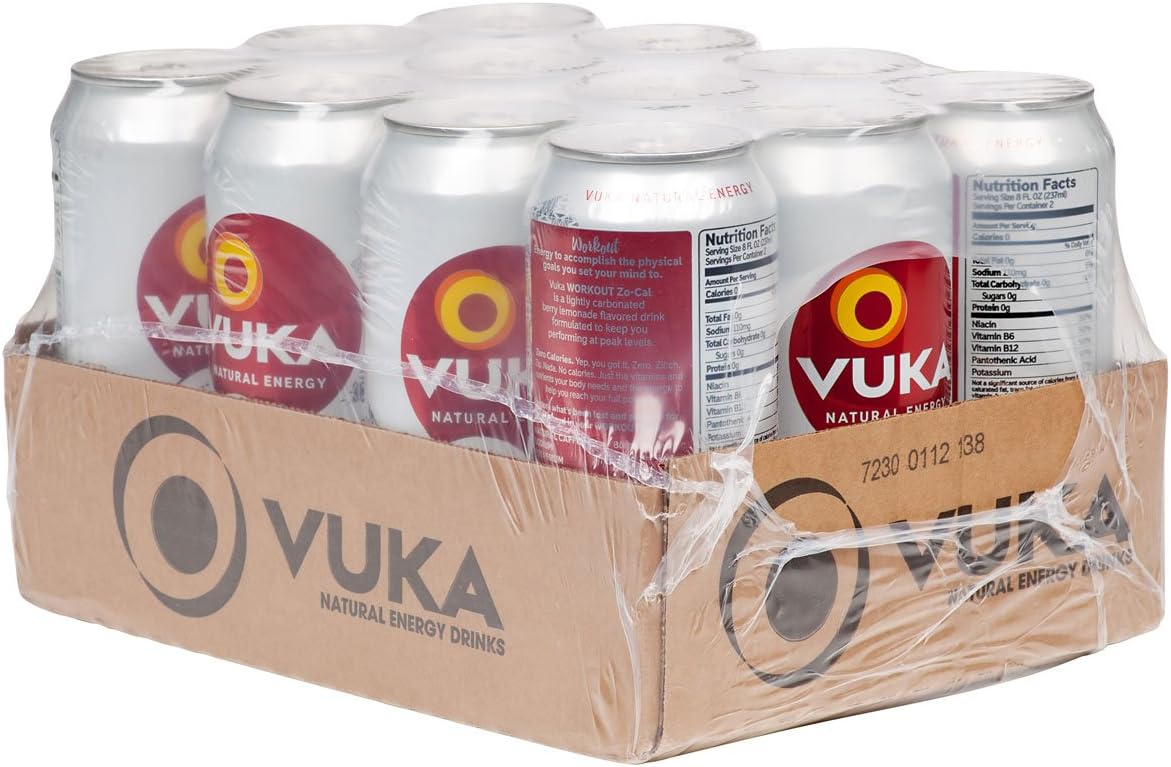 Vuka-Vuka Zero Calorie Workout Berry Lemonade Sparkling Natural Energy Drink, 16oz, 12 Pack