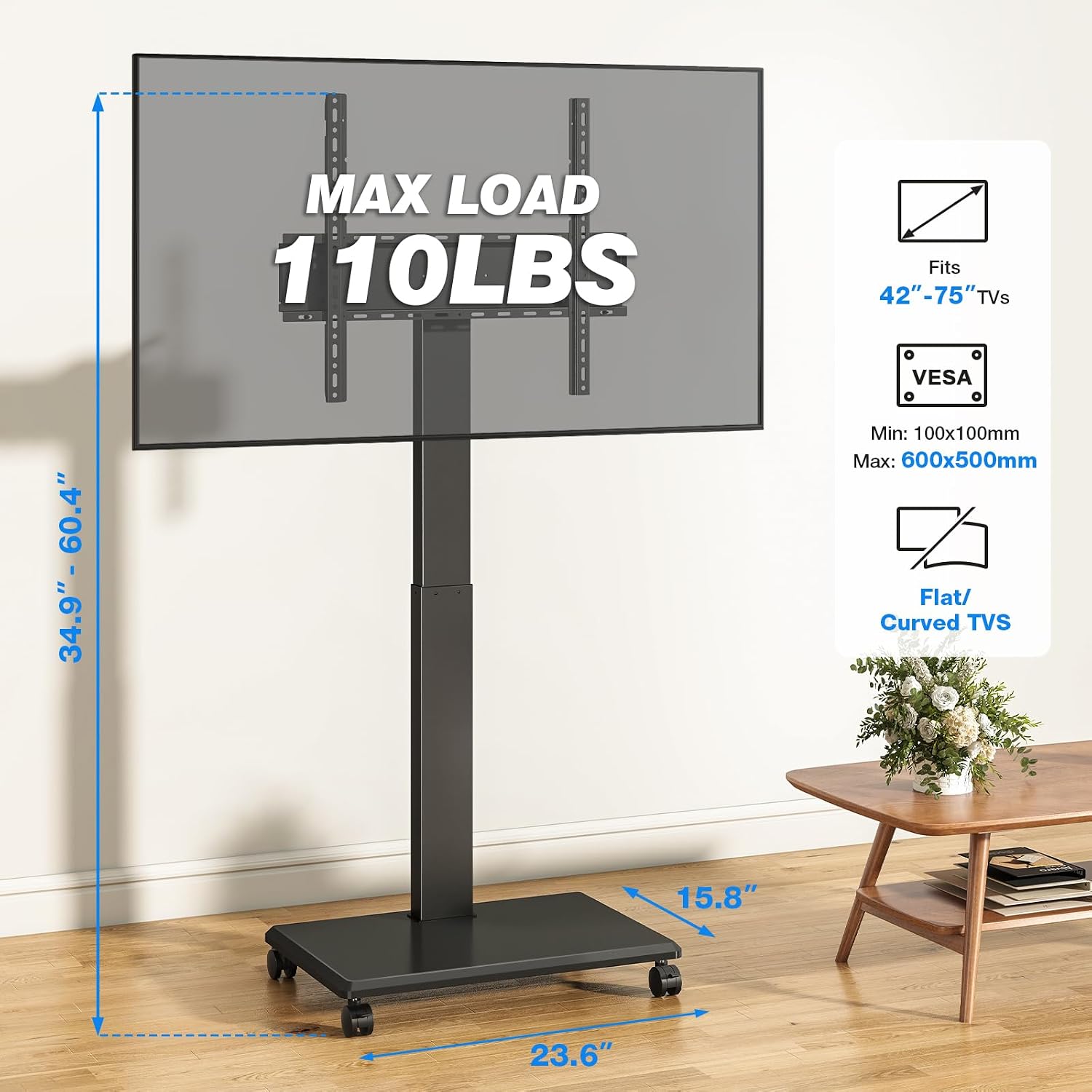 Rolling TV Stand on Wheels, Portable Mobile TV Stand for 42-75 Inch TVs up to 110 lbs, Height Adjustable TV Cart with Swivel & Tilt Mount for Bedroom Office Outdoor, Max VESA 600x500mm, Black
