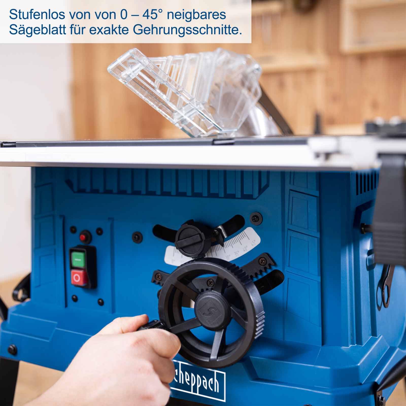 Scheppach Tischkreissäge HS254 mit Softstart | Schnitthöhe 85mm | 2200W / 230V | 880mm Tischhöhe | XXL-Tischgröße mit Verbreiterung 630x935mm mit Skala | inkl. Untergestell Querschneidlehre & Anschlag