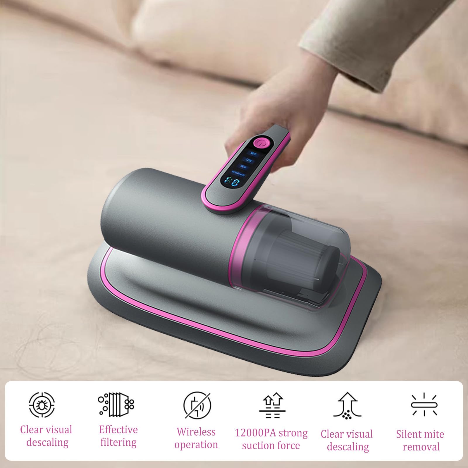 Aspirateur Anti-Acariens Portatif pour Matelas, 12Kpa Sans Fil, Détecteur de Poussière avec Lumière UV-C 2 Vitesses Réglables (Violet)