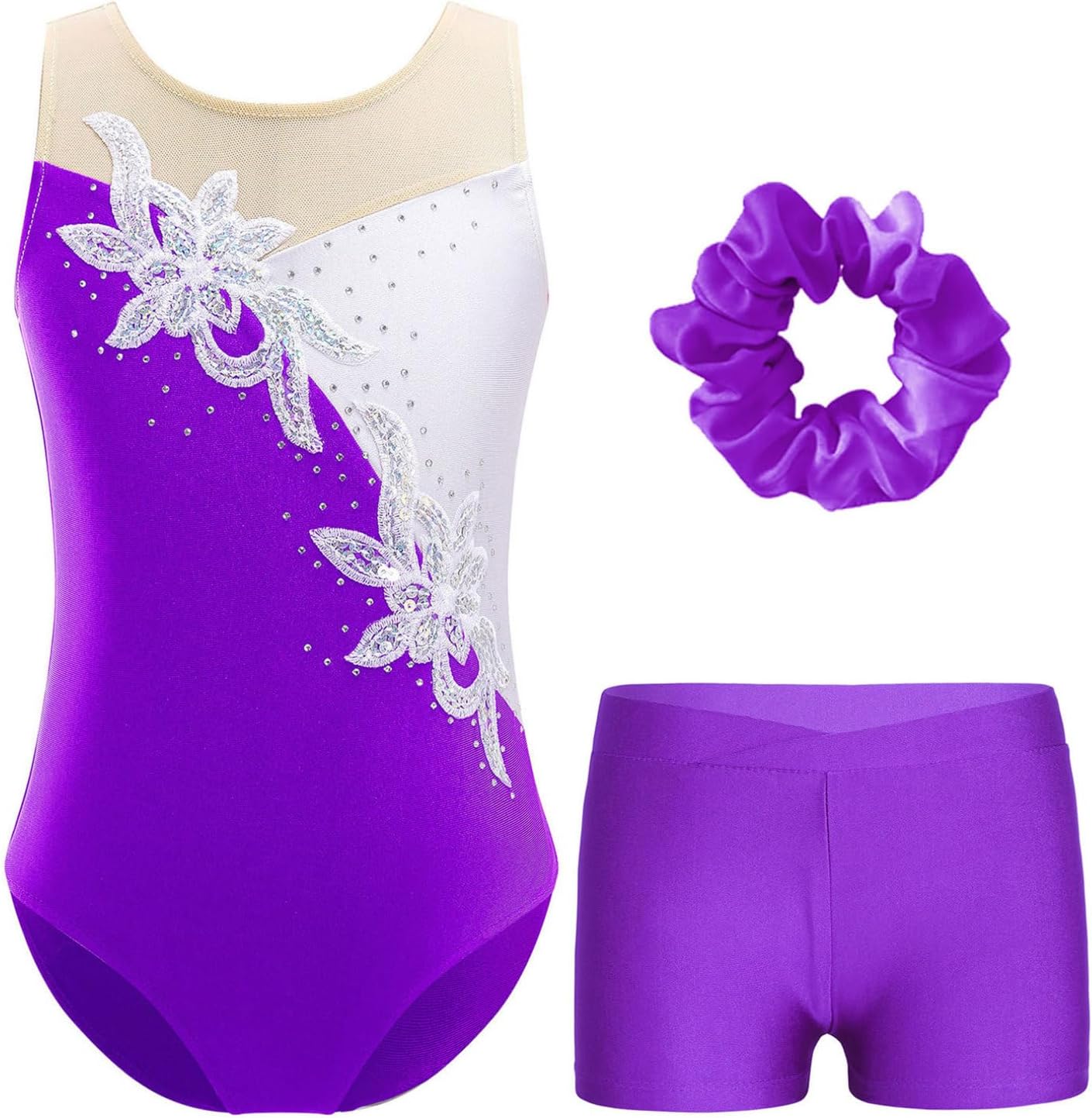 FEESHOW Gymnastiekpak voor meisjes, lange mouwen, met korte broek en tanktop, patchwork, glitters, turnpak voor kinderen, gymnastiek, danskleding, 146/152 cm