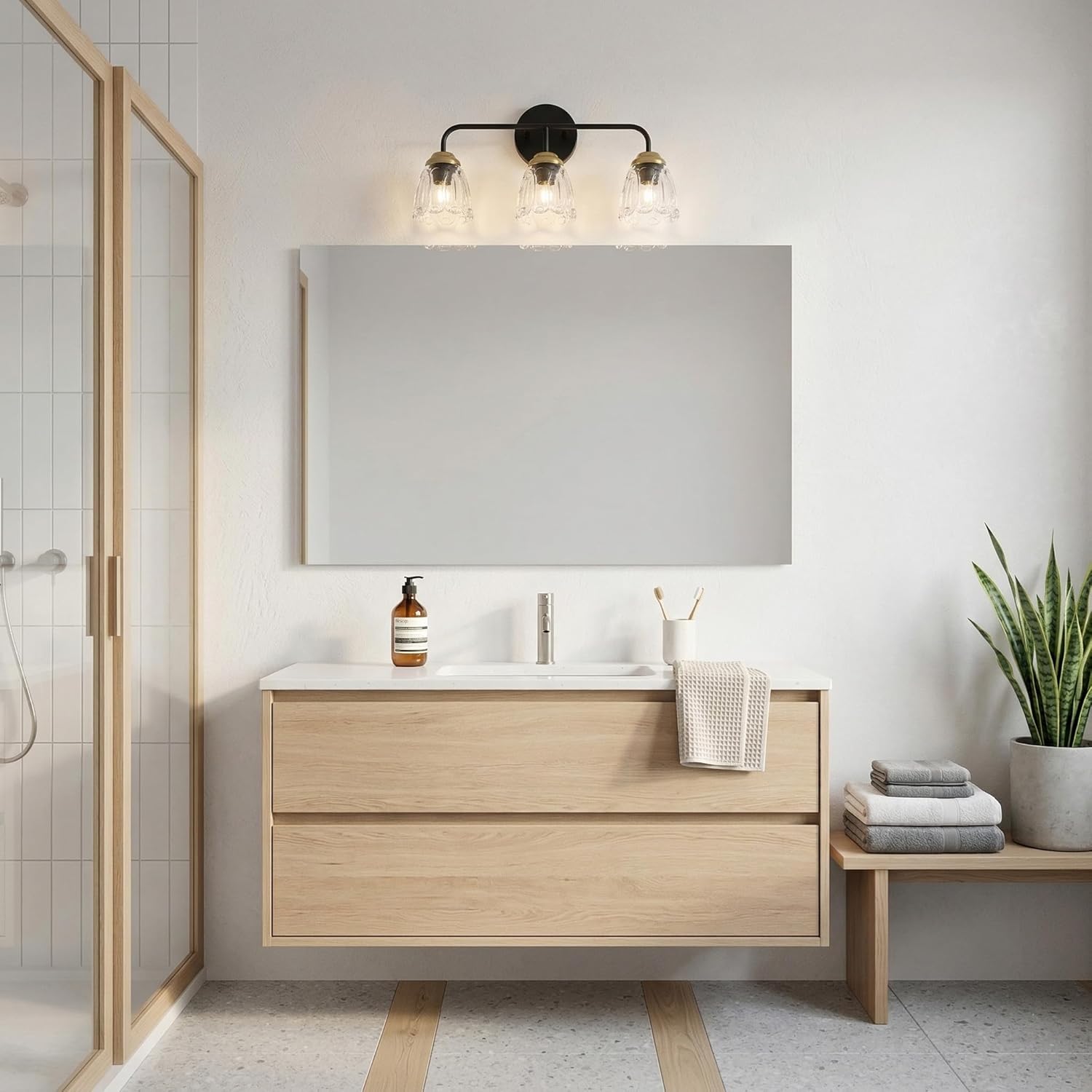 3-Light Black and Gold Vanity Light with Glass Shades, E12 Base Bathroom Wall Lighting Fixture, Up/Down Mountable Modern Wall Sconce for Bathroom Mirror Bedroom Hallway