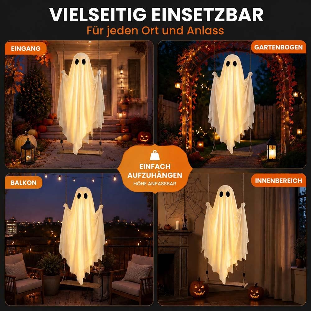 Swinging Ghost,Schaukelnder Geist,HäNgende Geister Auf Der Schaukel Mit Fernbedienung,Led-Geist FüR Halloween-Dekoration Innen Und AußEnbereich, Garten, Party (Mit Licht,Ohne Hut)