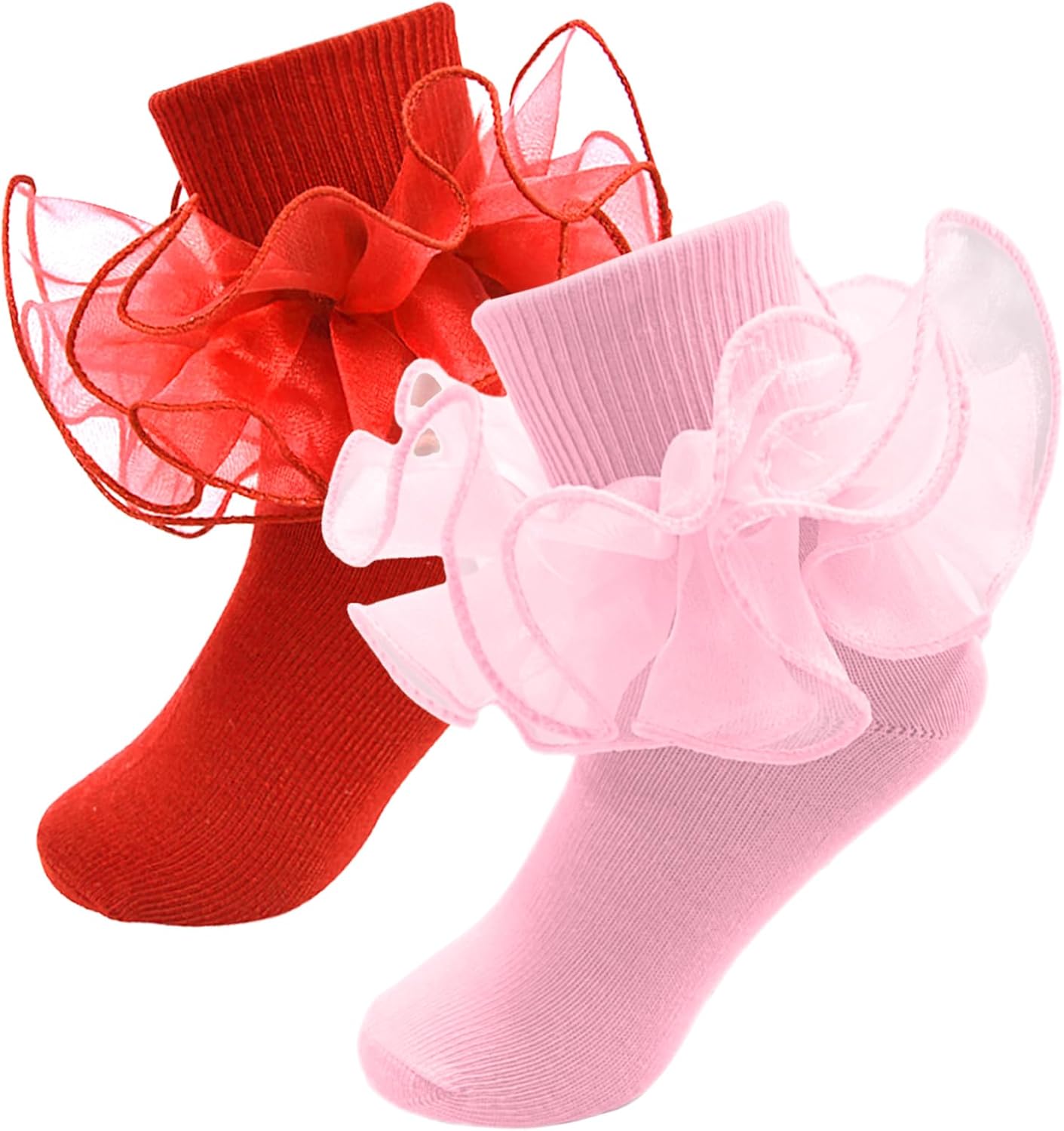 2 Pairs Girls Ruffle Socks Toddler Girl Frilly Dress Socks Fold Double Lace Big Ruffles Church Fancy Sock Little Kids