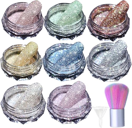 8 cajas de polvo de diamante de cristal para uñas, purpurina de diamante abrasivo, polvos de pigmento para arte de uñas, 1 cepillo removedor de polvo