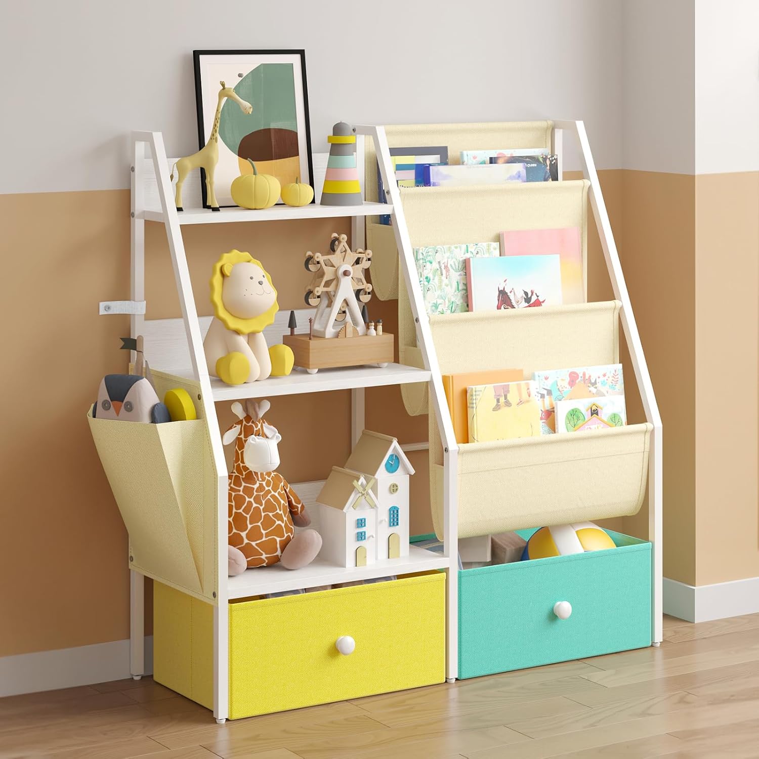 3 tier kids bookshelf and toy storage, montessori toddler bookcase, kids book sling shelf, toy storage organizer for playroom, bedroom, nursery yellow/blue