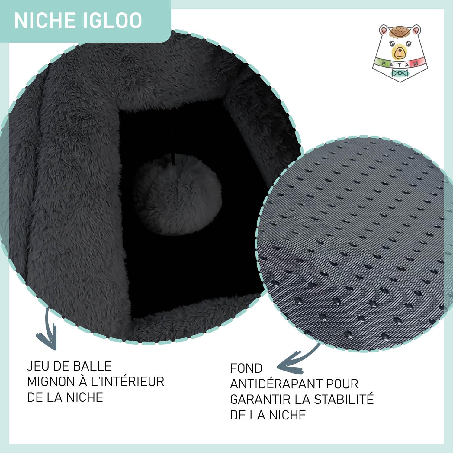 Niche pour Chiens et Chats, antidérapante en Tissu Duveteux Doux, Lavable, Design de Rideau avec Balle de Jeu, 43 x 43 x 43 cm - Igloo Noir