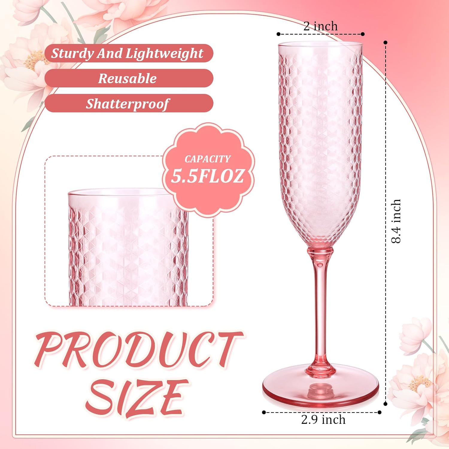 Remerry 24 Pack Detachable Plastic Champagne Flutes 5.5 oz Glasses Bulk Disposable Mimosa Glasses Reusable Wine Cups for Wedding Toasting Baby Shower Birthday Party New Years (Pink)