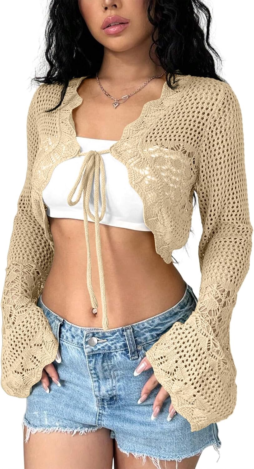 Yesfashion Women's Bell Sleeve Cardigan Hollow Out Front Tie Up Cropped Shrug