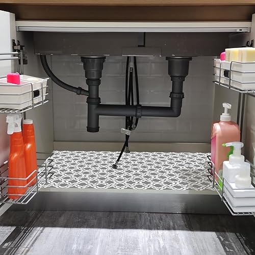 Miniatura 8 de Tapete para debajo del fregadero, 24 x 36 pulgadas, tapetes premium duraderos e impermeables para proteger gabinetes de cocina y baño, forro de Negro