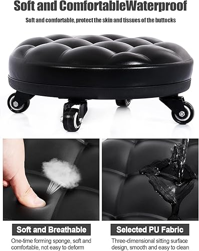 Miniatura 5 de Lanstics Taburete de ruedas de cuero sintético con ruedas para oficina en casa, fitness, taburete redondo (negro)