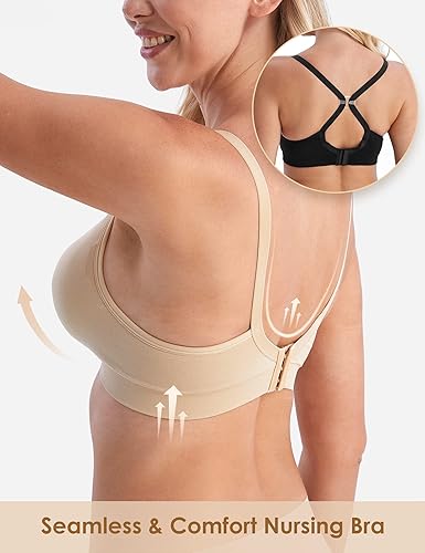 Vista 3 de HOFISH Brasier de lactancia para lactancia materna, bralette inalámbrico con almohadillas, extensores y clips, paquete de 3 unidades S-XXL