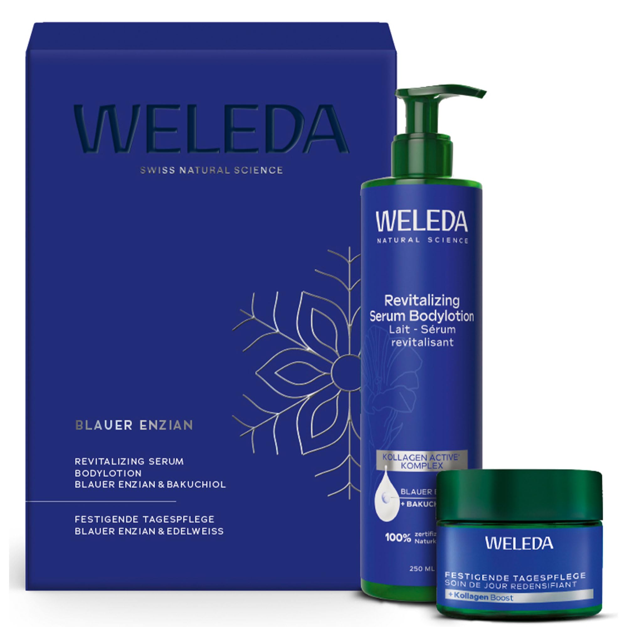 WELEDA Bio Weihnachts-Geschenkset Blauer Enzian & Edelweiß 2025 - Naturkosmetik Winter XMAS Geschenk Set bestehend aus Tagespflege & Bodylotion. Unisex Gesichtspflege/Körperpflege Set zu Weihnachten