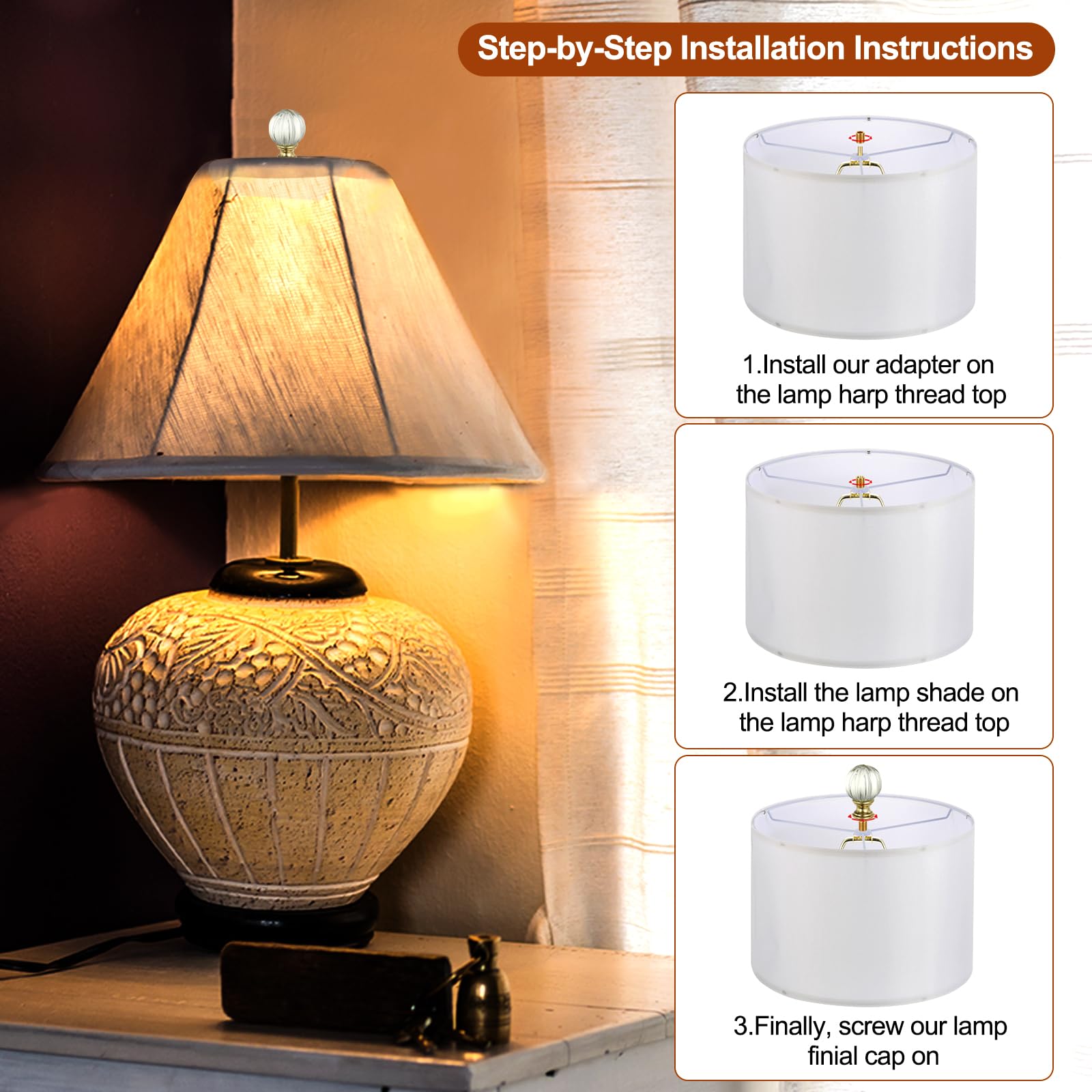 PATIKIL 1/4-27 Lamp Finial Cap for Lampshade Harp Top 2Pcs Cap Nut Screw Cap Knob Clear Pumpkin Ball Shaped Crystal Lamp Shade Decoration for Table Floor Lamp Black - Image 4