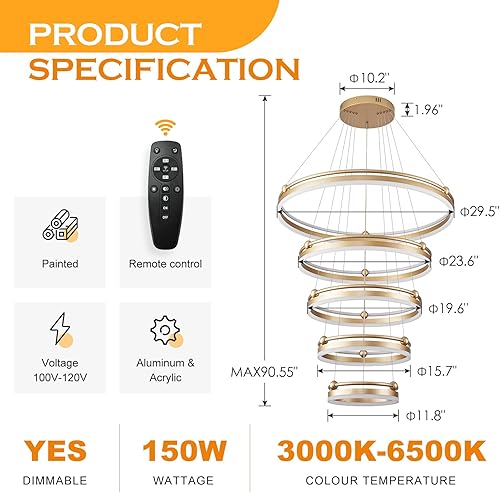 Miniatura 7 de Candelabro LED moderno de 10 anillos, dorado, D31.5, grande, regulable, iluminación colgante con control remoto, lámparas de techo alto para